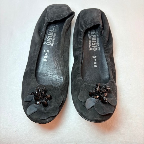 Mephisto Shoes - Mephisto Black Suede Flower Beaded Ballet Flats Womens US 6.5 EUR 4